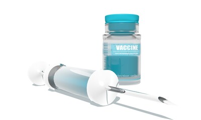 Medicine vial and syringe over white background. Bottle label with vaccine. Medical concept. 3D rendering