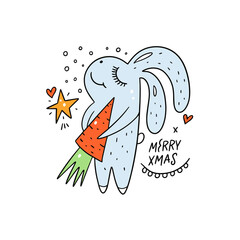 Rabbit with carrot. Merry christmas vector illustration. Cartoon style.