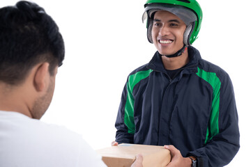 male uber rider or driver delivering package to customer