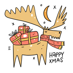 Christmas deer with gifts. Winter holiday. Colorful cartoon vector illustration
