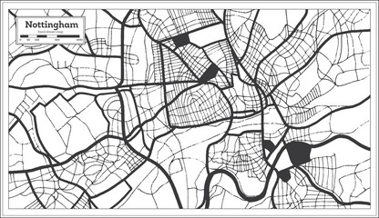 Nottingham Great Britain City Map in Black and White Color in Retro Style. Outline Map.