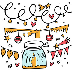 Holiday elements set doodle style. Colorful cartoon vector illustration.