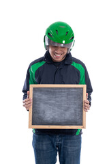 uber driver or commercial motorbike taxi rider holding blank board and smiling