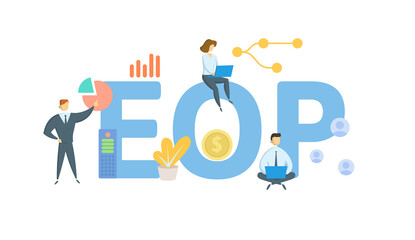 EOP, End-of-Period. Concept with keywords, people and icons. Flat vector illustration. Isolated on white background.