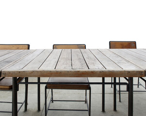 Empty outdoor old vintage wood table and chair in coffee shop restaurant