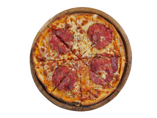 Top view of Italian salami pizza with mozzarella and herb on a wooden bard isolated on white background	