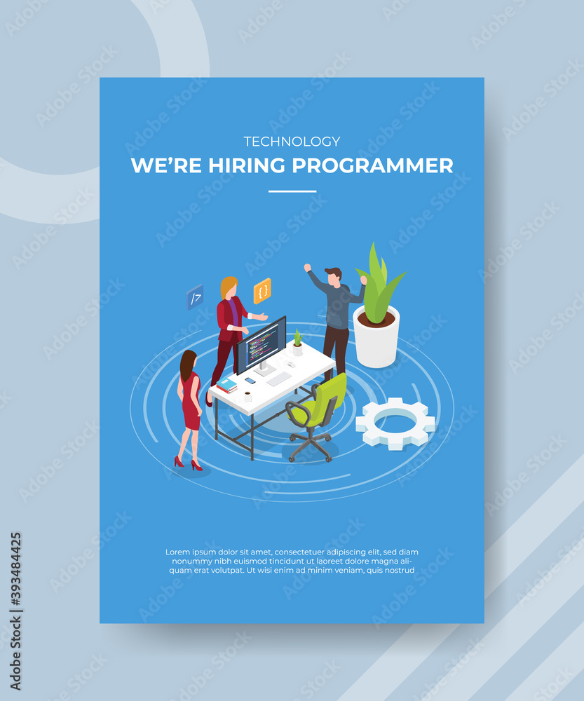 Aufkleber technology were hiring programmer people standing discussion talk front desk for template of banner 