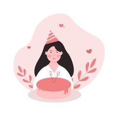 Girl with birthday cake. Birthday celebration concept.