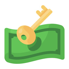
Key with banknote, icon of safe money in flat style 
