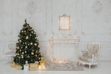 classic christmas interior with christmas tree and christmas presents.
