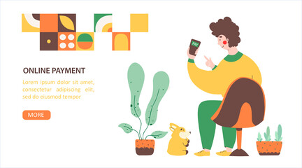 Online store payment from home,flat vector landing page template. Man pays for purchases using a mobile phone.