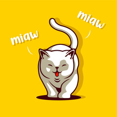 Smile White Cat Kitten Walking With Tongue Out Vector Illustration - Vector