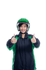 beautiful online taxi rider showing thumb up to camera