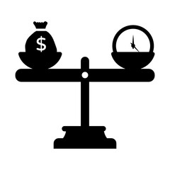 
Time vs money icon, flat design of seesaw having money bag on one side and clock on other side 
