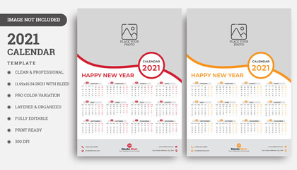 One Page Wall Calendar 2021 With Creative Shapes And Editable Text. 2021 New Year Calendar Template.