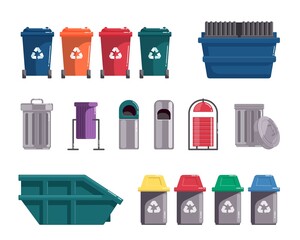 Recycling garbage can, waste dumpster, wheelie trash bin set. Different type utility and sorting street container, in-house waste-paper basket vector illustration isolated on white background - obrazy, fototapety, plakaty