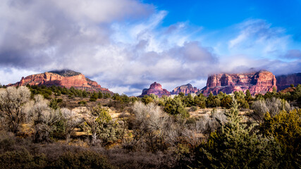 The Red Rock Mountains of Cathedral Rock, Bell Rock and Courthouse Butte between the Village of Oak...