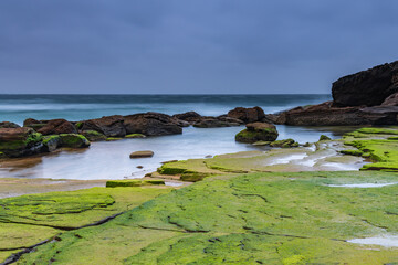 Moody Sunrise at the Seaside with Green Mossy Rocks