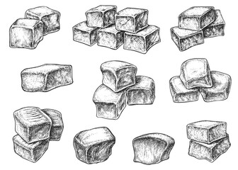 Chewy toffee sweet caramel sugary candy cube form sketch. Delicious confection dessert snack food made from sugar syrup and milk single and stack vector illustration isolated on white background