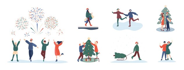 People and christmas celebration set. Man, woman, couple and friends preparing for winter holidays, decorating xmas tree, skating on ice rink, shopping, exchanging gift isolated vector illustration