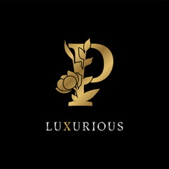 letter P flower leaves decoration for wedding, beauty care logo, personal branding identity, make up artist or any other royal brand and company. luxurious gold and silver color sample in dummy text
