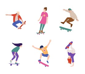 Boy girl skateboarder making stunt and trick on skateboard. Teenager character jumping, training, practicing extreme sport freestyle skateboarding vector illustration isolated on white background