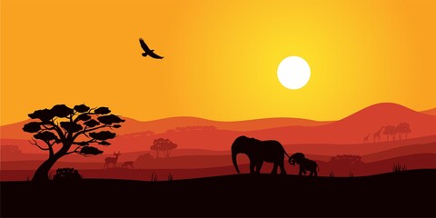 Naklejka na ściany i meble Safari Africa sunset with wild animal silhouette. Savanna landscape with tree, elephant, giraffe, elk and eagle soaring in sky under ray of setting sun vector illustration isolated on white background