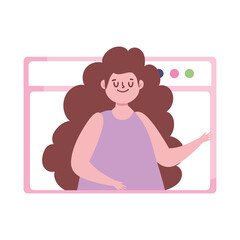 happy girl cartoon character in website, isolated white background