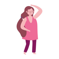 young woman standing hand up cartoon isolated white background