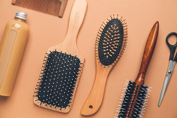 Professional hairdresser tools on color background, flat lay