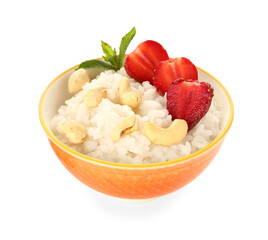 Bowl of tasty rice pudding with strawberry and nuts on white background