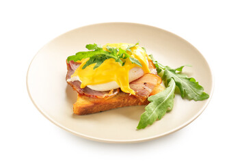 Plate with tasty egg Benedict on white background