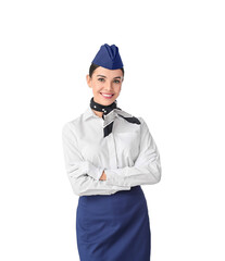 Beautiful stewardess on white background