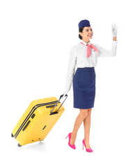 Beautiful stewardess with luggage on white background