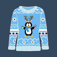 Christmas ugly sweater with penguin vector illustration