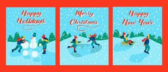Set of holiday cards. Lettering happy Christmas, happy new year, happy holidays. Children go sledding, skating, making a snowman. Vector illustration.