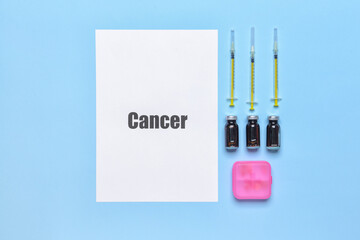 Paper sheet with word CANCER and medications on color background