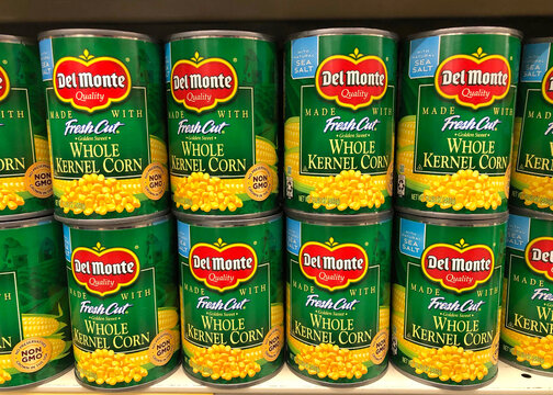 Alameda, CA - Nov 16, 2020: Grocery Store Shelf With Cans Of Del Monte Fresh Cut Whole Kernel Corn.