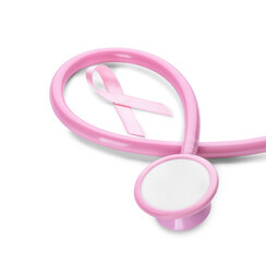 Pink ribbon and stethoscope on white background. Breast cancer awareness concept