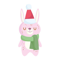 merry christmas, cute rabbit with hat celebration icon isolation
