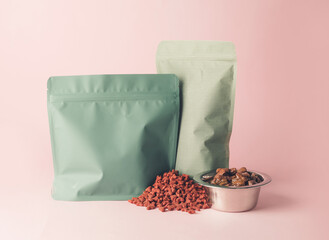 Tasty pet food on color background