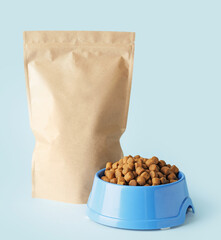 Tasty pet food on color background