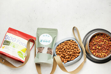 Tasty pet food and leash on white background