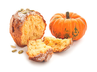 Tasty pumpkin muffin on white background
