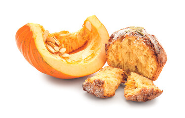 Tasty pumpkin muffin on white background