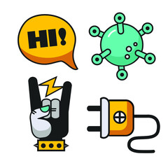 set of trendy vector cartoon stickers, virus, rock music, energy