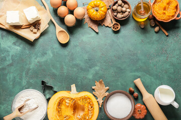 Ingredients for preparing pumpkin pie on color background