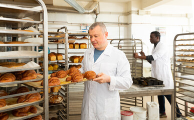 Skilled successful baker arranging trays with freshly baked bakery products on trolley..