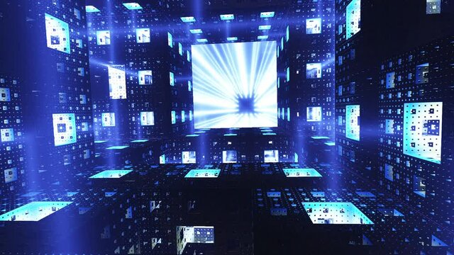 3D Fractal Light Cube With Blue Squares