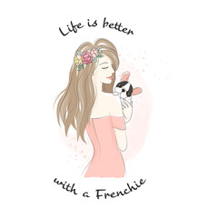 beautiful woman holding french bulldog puppy doodle line art style on pink watercolor splash background